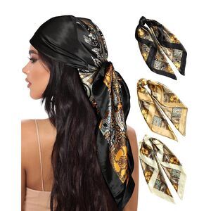 35” Large Square Satin Head Scarf - 3Pcs Satin Hair Scarves Silk Feeling